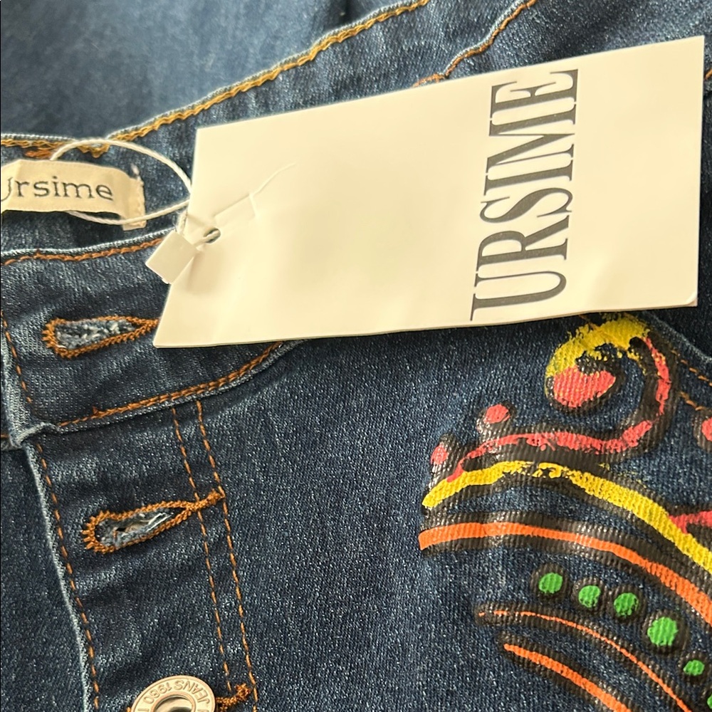 NWT URSIME Denim Blue Jeans w/Colorful Embroidery and Ankle Fraying Pockets - Picture 2 of 5